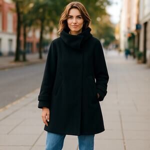 Gerard Darel Wool Coat Women Size 8 OLIVE GREEN Mid Length Hooded Quiet Luxury